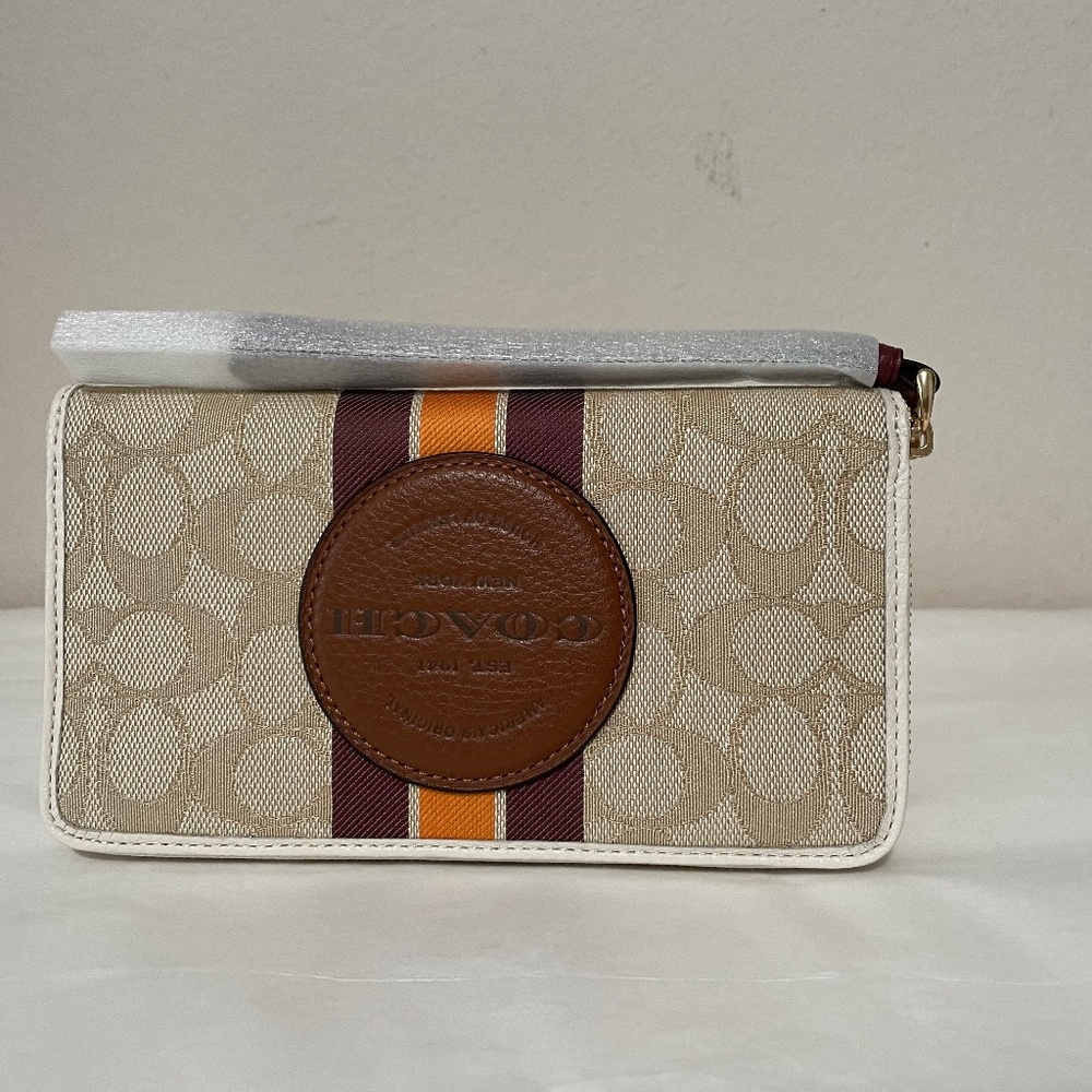 Coach Dempsey Large Phone Wallet In Signature Jacquard With Stripe Khaki Wine